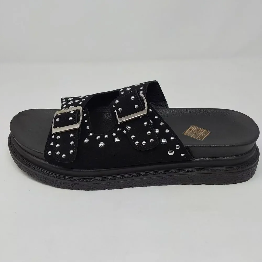 Women's Black Studded Double Buckle Platform Slide Sandals US 10.5 EU 41 New